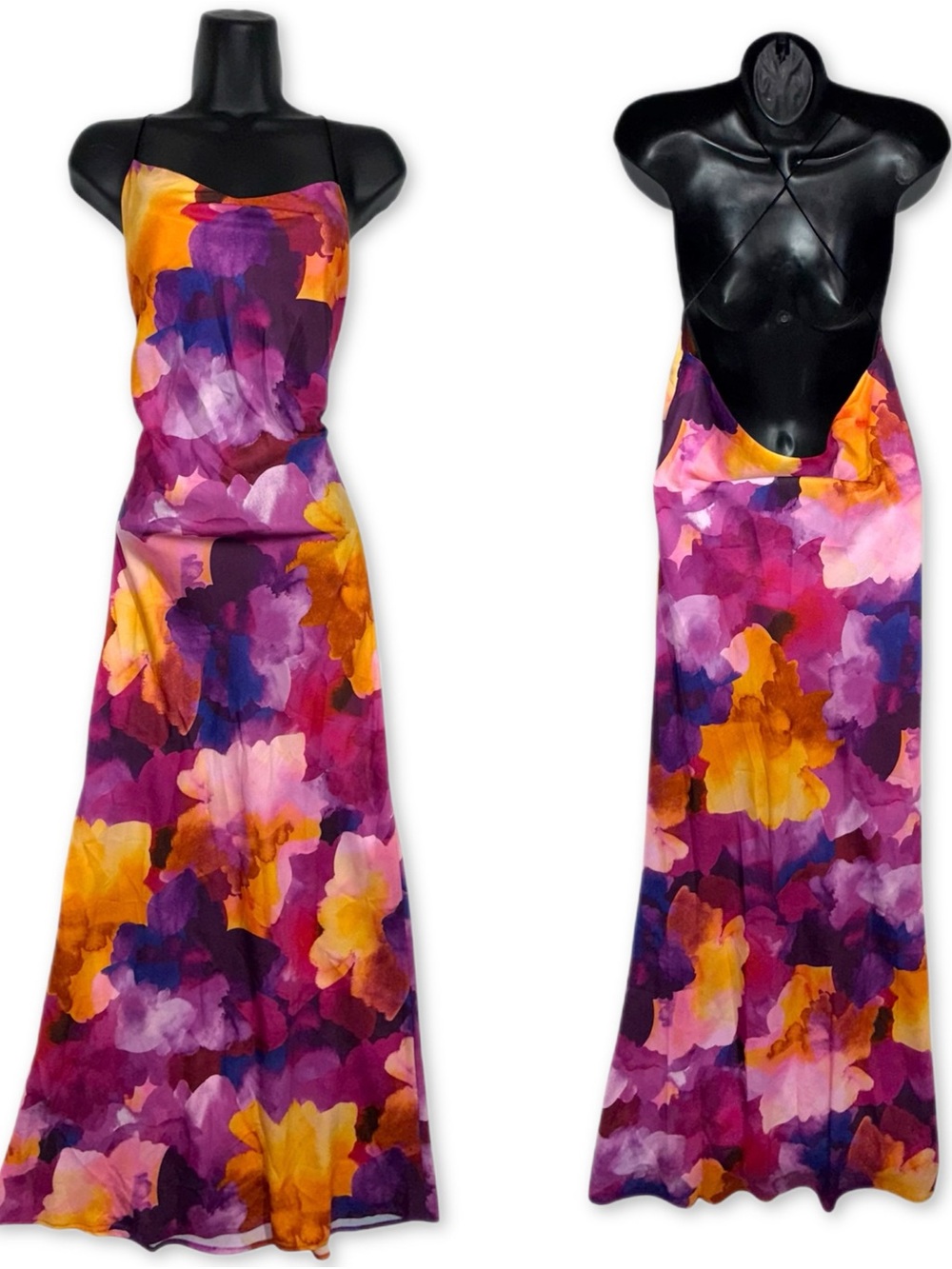 NWOT Floral Print Open Back Floor Length Satin Dress Evening Gown Artsy Fairy